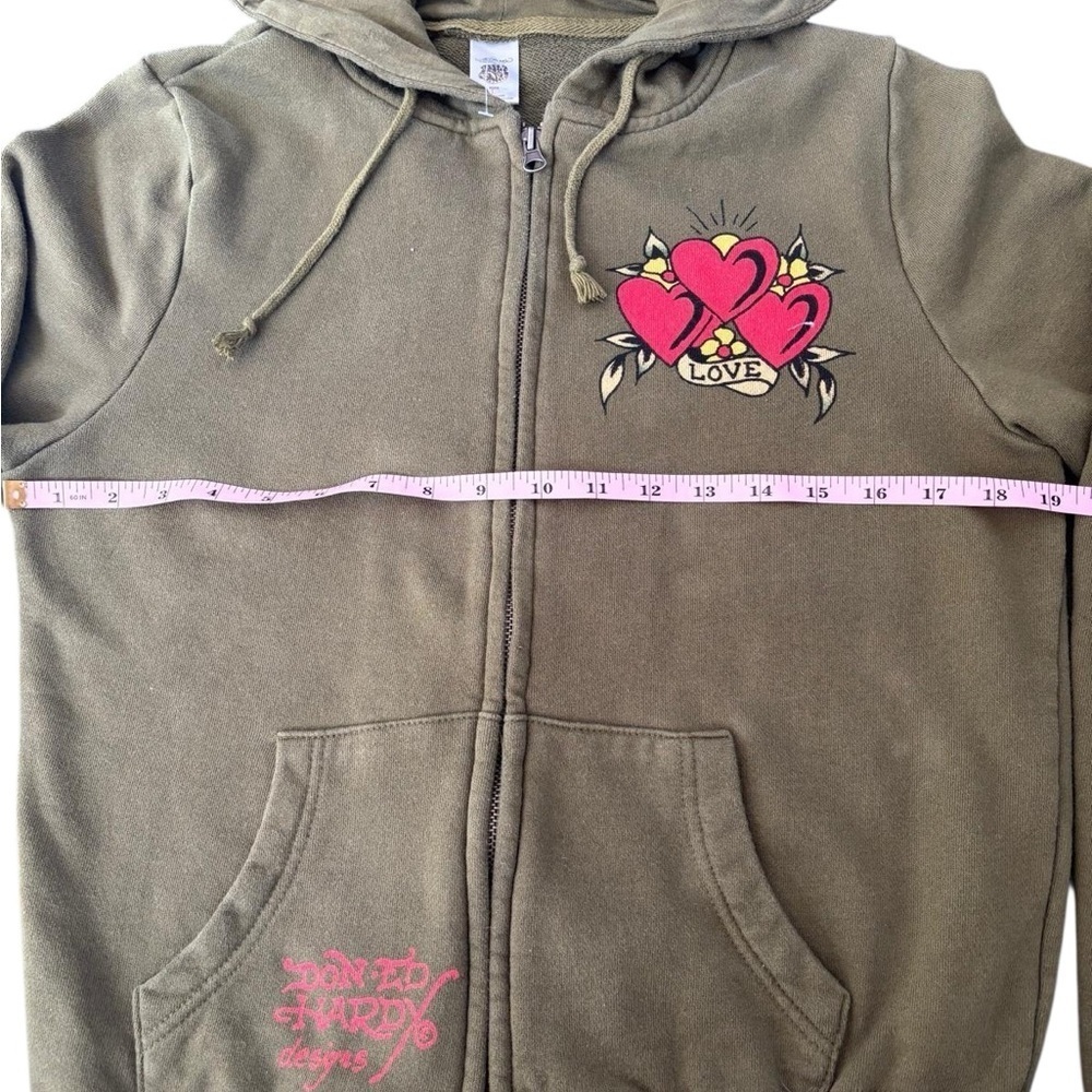 Ed Hardy Olive Zip Hoodie LOVE Heart Graphic Y2K Sweatshirt – Size L - Picture 3 of 5